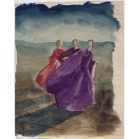 Three Robed Women in Red and Purple